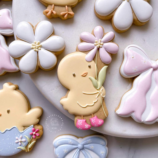 Chick in Boots Holding Flower Cookie Cutter